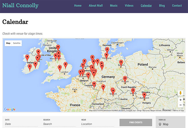 Niall's new concert calendar automatically pulls Facebook. They are here displayed in an interactive map view.